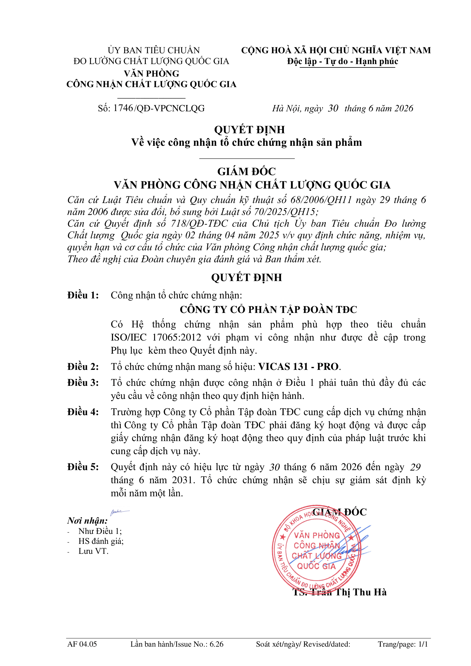 Quyet dinh cong nhan VICAS 131-PRO